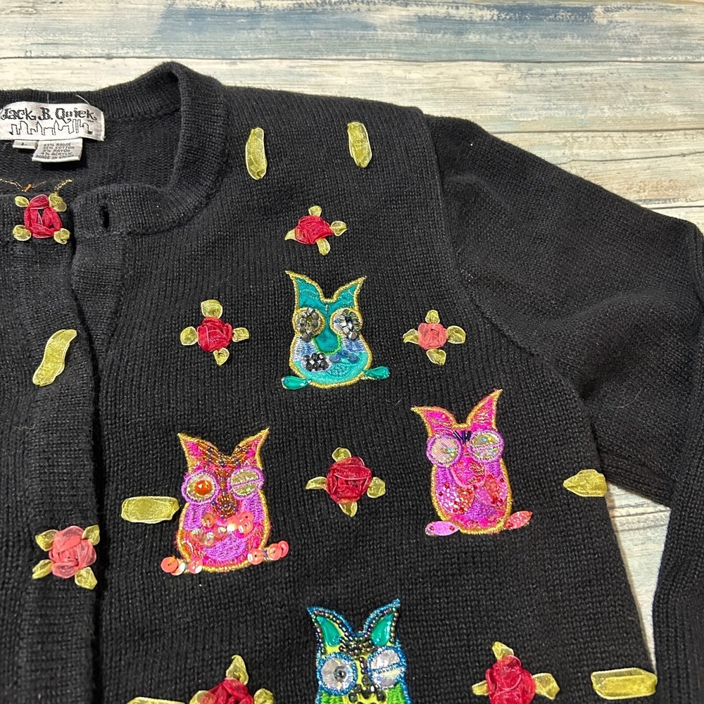 Jack B. Quick Owl Cardigan Sweater Large Black Embellished Bird Granny Grandma - Picture 4 of 9